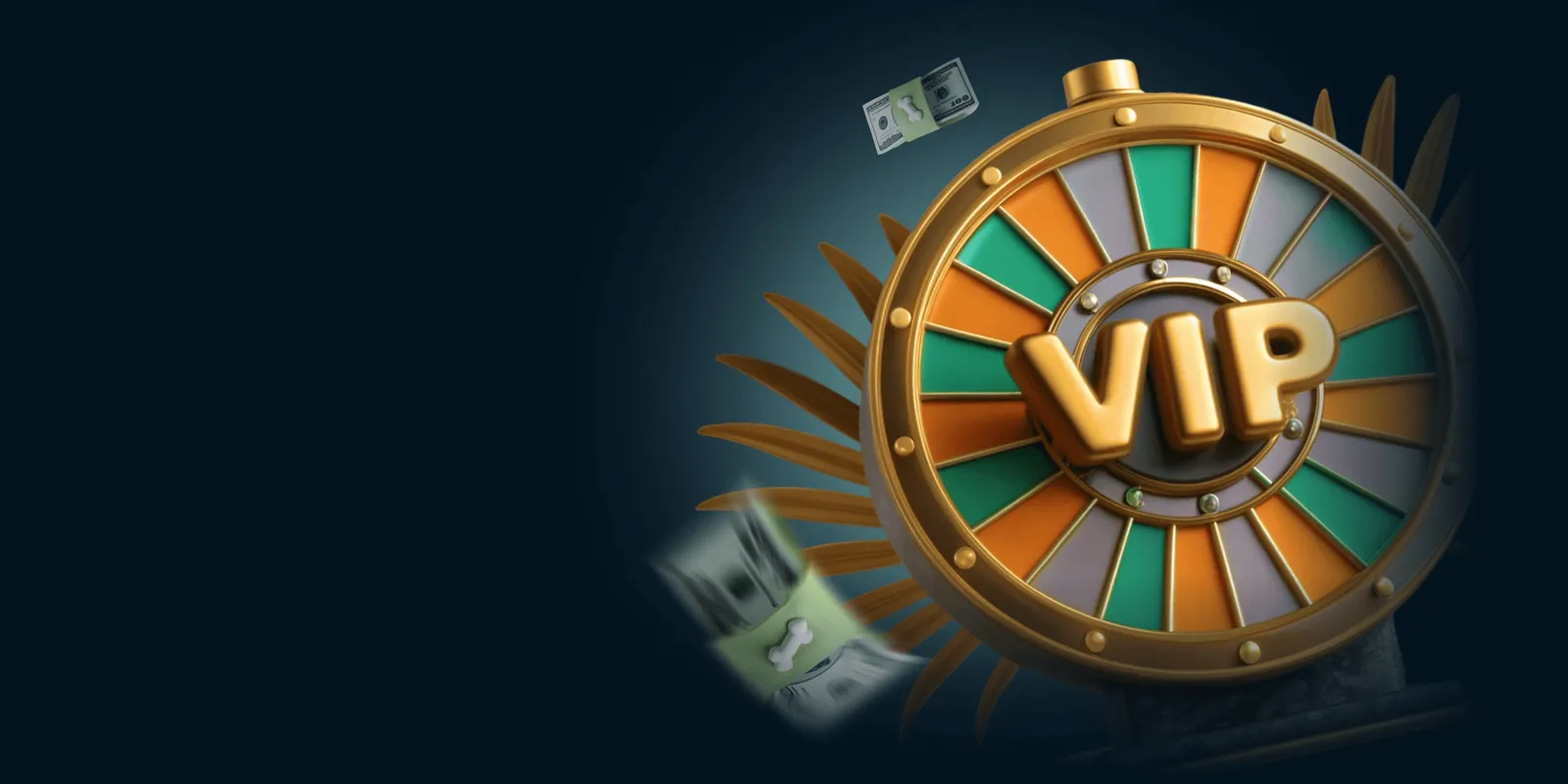 Goldenes VIP-Rad mit Geldscheinen auf dunklem Hintergrund