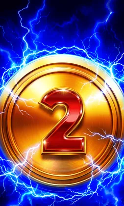 Slot-Cover mit Goldmünze, Zahl Zwei und Blitzen