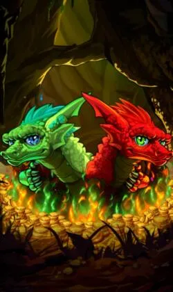 Slot-Cover mit zwei Drachen in einer Höhle voller Gold
